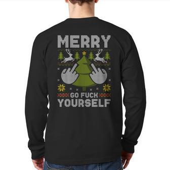 Merry Go F Yourself Middle Finger Ugly Christmas Sweater Back Print Long Sleeve T-shirt - Monsterry UK