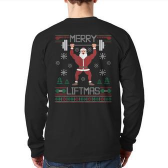 Merry Liftmas Ugly Christmas Sweater Santa Claus Gym Workout Back Print Long Sleeve T-shirt | Mazezy