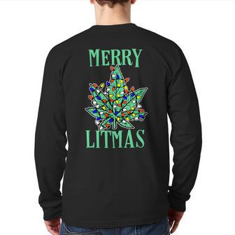 Merry Litmas Pot Leaf Christmas Tree Lights Marijuana Back Print Long Sleeve T-shirt - Monsterry UK