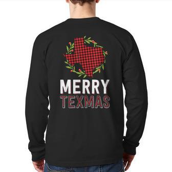 Merry Texmas Texas Yall Red Buffalo Plaid Family Christmas Back Print Long Sleeve T-shirt - Thegiftio UK