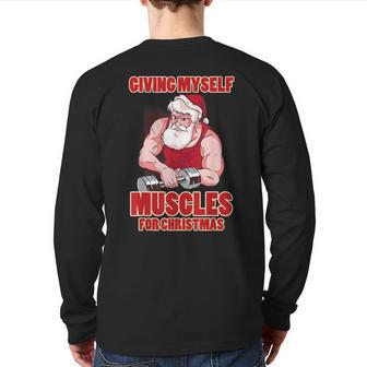 Muscle Xmas Weightlifting Santa Claus Costume Snow Christmas Back Print Long Sleeve T-shirt | Mazezy