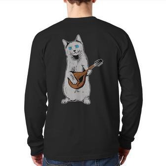 Musician Cat Playing Mandolin Bluegrass Back Print Long Sleeve T-shirt | Mazezy