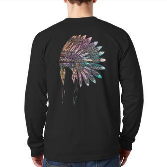 Native American Heritage Headdress Feathers Native American Back Print Long Sleeve T-shirt | Mazezy