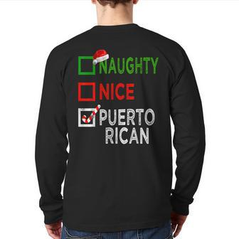 Naughty Nice Puerto Rican Christmas Pajamas Santa Hat Back Print Long Sleeve T-shirt - Thegiftio UK