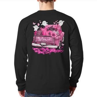 October We Wear Pink Ghosts Pumpkins Breast Cancer Halloween Back Print Long Sleeve T-shirt | Mazezy