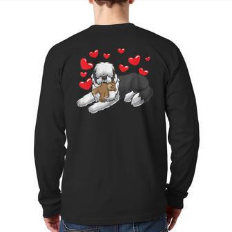 Old English Sheepdog Dog With Stuffed Animal And Hearts Back Print Long Sleeve T-shirt | Mazezy