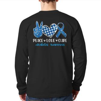 Peace Love Cure Grey Blue Ribbon Diabetes Awareness Back Print Long Sleeve T-shirt - Monsterry