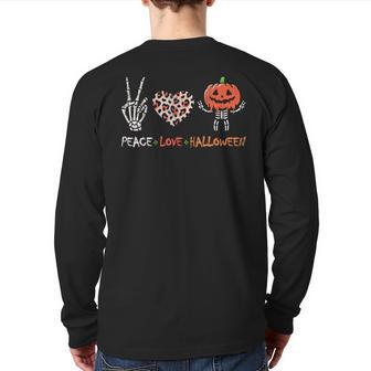 Peace Love Halloween Pumpkin Skeleton Leopard Heart Back Print Long Sleeve T-shirt - Thegiftio UK