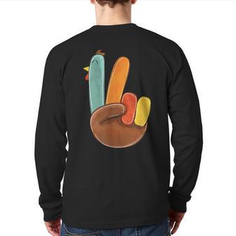 Peace Sign Turkey Hand Cute Turkey Happy Thanksgiving Day Back Print Long Sleeve T-shirt - Seseable