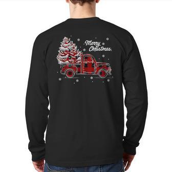 Red Truck Buffalo Plaid Vintage Merry Christmas Back Print Long Sleeve T-shirt | Mazezy