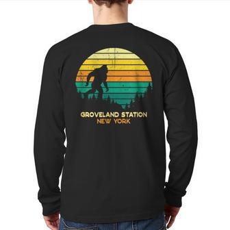 Retro Groveland Station New York Bigfoot Souvenir Back Print Long Sleeve T-shirt | Mazezy