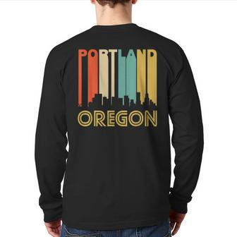 Retro Portland Oregon Cityscape Downtown Skyline Back Print Long Sleeve T-shirt | Mazezy