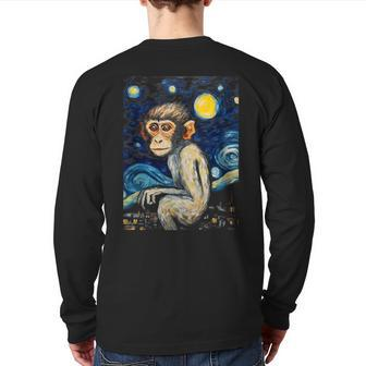 Rhesus Monkey Starry Night Animal Lover Graphic Back Print Long Sleeve T-shirt | Mazezy