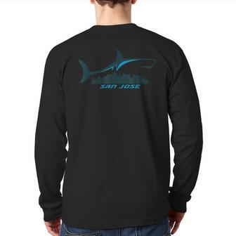 San Jose City Skyline With Shark Above Shark City Sj Back Print Long Sleeve T-shirt | Mazezy