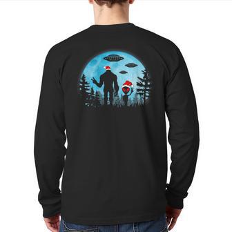 Santa Bigfoot And Alien Ufo Night Forest Christmas Sasquatch Back Print Long Sleeve T-shirt - Seseable