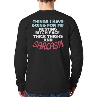 Sarcasm Thick Thighs Resting Bitch Face Gym Quote Back Print Long Sleeve T-shirt | Mazezy