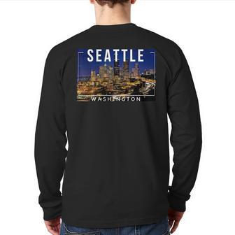Seattle Washington Skyline Space Needle Mount Rainier Back Print Long Sleeve T-shirt | Mazezy