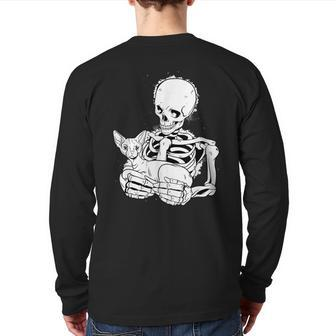 Skeleton Holding A Cat Lazy Halloween Costume Skull Back Print Long Sleeve T-shirt - Seseable