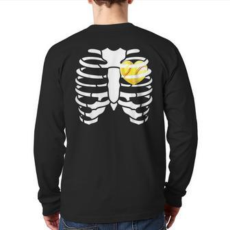 Softball Heart Inside Ribs Skeleton Halloween Costume Back Print Long Sleeve T-shirt - Seseable