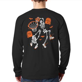 Spooky Skeleton Dunking Basketball Graveyard Halloween Back Print Long Sleeve T-shirt - Monsterry DE