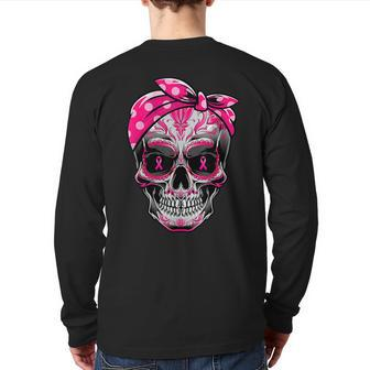 Sugar Skull Breast Cancer Awareness Pink Ribbon Calavera Back Print Long Sleeve T-shirt - Monsterry UK