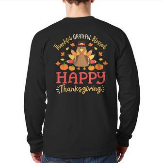 Thankful Grateful Blessed Happy Thanksgiving Turkey Gobble Back Print Long Sleeve T-shirt - Seseable