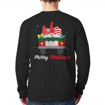 Three Gnomes In Red Truck With Merry Christmas Tree Family Back Print Long Sleeve T-shirt - Thegiftio UK