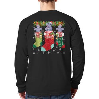 Three Hippo In Socks Ugly Christmas Sweater Party Back Print Long Sleeve T-shirt - Monsterry