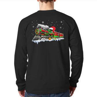 Train Santa Hat Christmas Pajama Train Distressed Xmas Back Print Long Sleeve T-shirt - Seseable