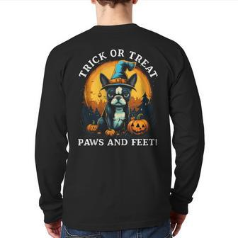Trick Or Treat Paws And Feet Boston Terrier Halloween Puppy Back Print Long Sleeve T-shirt | Mazezy
