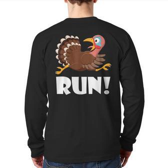Turkey Trot Adult Running Costume Face Run Thanksgiving Back Print Long Sleeve T-shirt - Monsterry