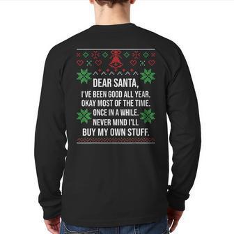Ugly Christmas Sweater Dear Santa Claus Wish List Back Print Long Sleeve T-shirt | Mazezy