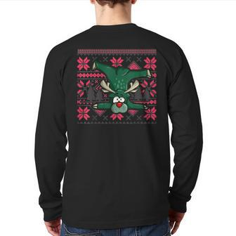 Ugly Christmas Sweater Reindeer Contortionist Back Print Long Sleeve T-shirt - Monsterry