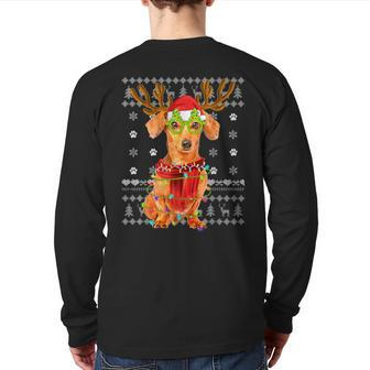 Ugly Sweater Christmas Lights Dachshund Dog Puppy Lover Back Print Long Sleeve T-shirt | Mazezy