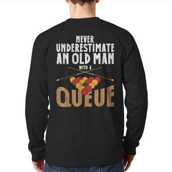 Never Underestimate Pool Billiards Snookers Queue Back Print Long Sleeve T-shirt - Seseable