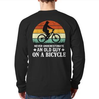 Never Underestimate An Old Guy On A Bicycle Cycling Sunset Back Print Long Sleeve T-shirt - Monsterry AU