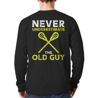 Never Underestimate Old Guy Lacrosse Lax Player Coach Men Back Print Long Sleeve T-shirt - Thegiftio UK