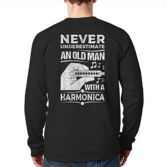 Never Underestimate An Old Man Harmonicist Harmonica Player Back Print Long Sleeve T-shirt - Seseable