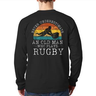 Never Underestimate An Old Man Who Plays Rugby Retro Sunset Back Print Long Sleeve T-shirt - Seseable