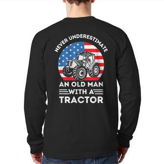 Never Underestimate An Old Man With A Tractor Retro Vintage Back Print Long Sleeve T-shirt - Seseable