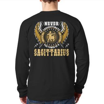 Never Underestimate The Power Of A Sagittarius Zodiac Back Print Long Sleeve T-shirt | Mazezy