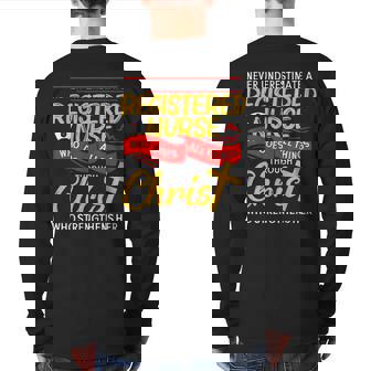 Never Underestimate A Rn Who Does All Things Through Christ Back Print Long Sleeve T-shirt | Mazezy