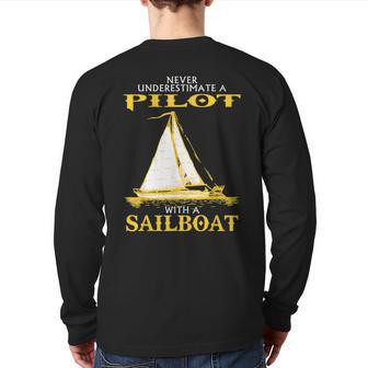 Never Underestimate Sailboat Pilot Back Print Long Sleeve T-shirt - Seseable