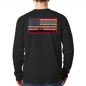 Uss John Willis De-1027 Ship Diagram American Flag Back Print Long Sleeve T-shirt | Mazezy