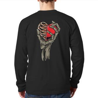 Valentines Day Skull Skeleton Hand Holding Red Heart Love Back Print Long Sleeve T-shirt - Seseable