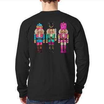 Vintage Sequin Cheerful Sparkly Nutcrackers Christmas Back Print Long Sleeve T-shirt | Mazezy