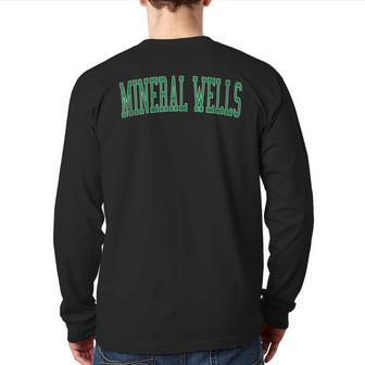 Vintage Mineral Wells Tx Distressed Green Varsity Style Back Print Long Sleeve T-shirt | Mazezy