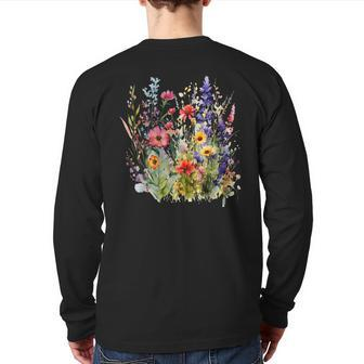 Vintage Nature Lover Botanical Floral Aesthetic Wildflowers Back Print Long Sleeve T-shirt | Mazezy