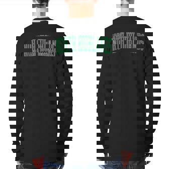 Vintage North Highlands Ca Distressed Green Varsity Style Back Print Long Sleeve T-shirt | Mazezy