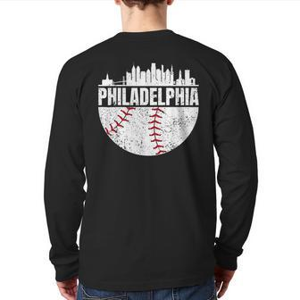 Vintage Philadelphia Skyline Baseball Retro Cityscap Back Print Long Sleeve T-shirt | Mazezy